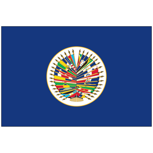 The flag of the Organization of American States (OAS) on a blue field, with the central emblem showing all member flags.