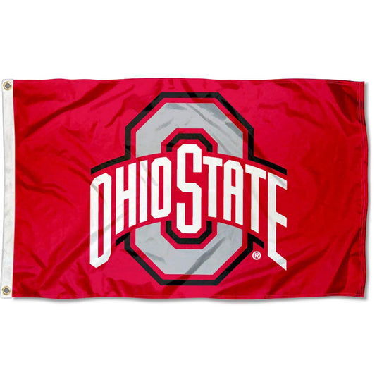 A 3x5 deluxe Ohio State Buckeyes NCAA flag featuring the team's large Athletic O logo and wordmark on a red field.