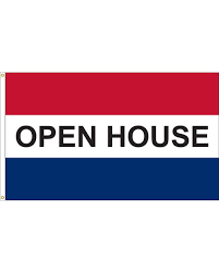 Horizontal Open House message flag. It features red, white, and blue stripes with the bold black text 