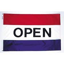 Classic Open message flag featuring a horizontal red stripe on top, a royal blue stripe on the bottom, and a central white stripe with the bold black text 