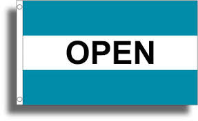 Open message flag with a white horizontal stripe centered between two equal teal blue stripes, featuring the bold black text 