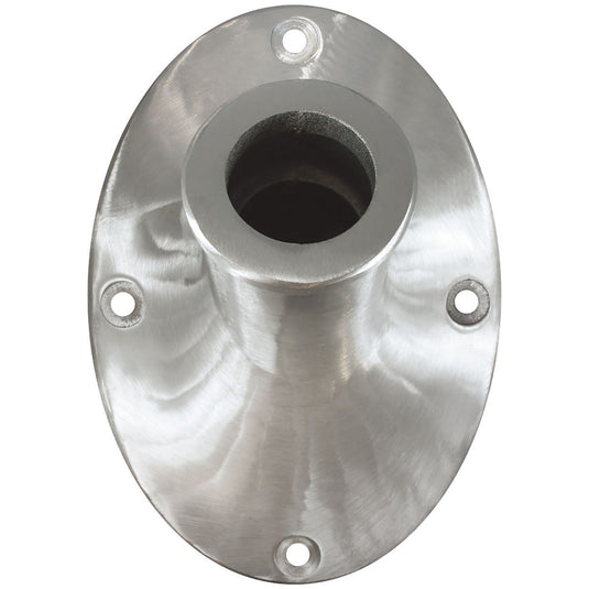 Brushed silver Outrigger Wall Mount Flagpole Bracket (Eco-B), a small, fixed oval mounting base with four bolt holes.