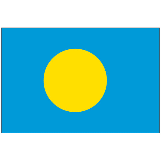 Palau national flag featuring a large yellow circle centered slightly toward the hoist on a light blue background.