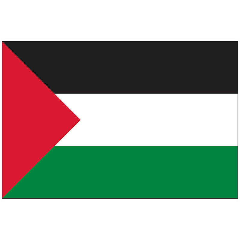 Load image into Gallery viewer, Palestine national flag featuring horizontal black, white, and green stripes with a red triangle on the hoist side.

