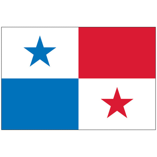 Official Panama flag with four quarters; the upper left is white with a large blue star, the upper right is solid red, the lower left is solid blue, and the lower right is white with a large red star.