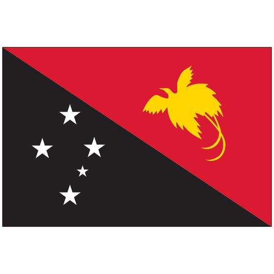 Papua New Guinea nylon world flag featuring bold red and black diagonal design with five white Southern Cross stars and golden yellow bird of paradise emblemRetry