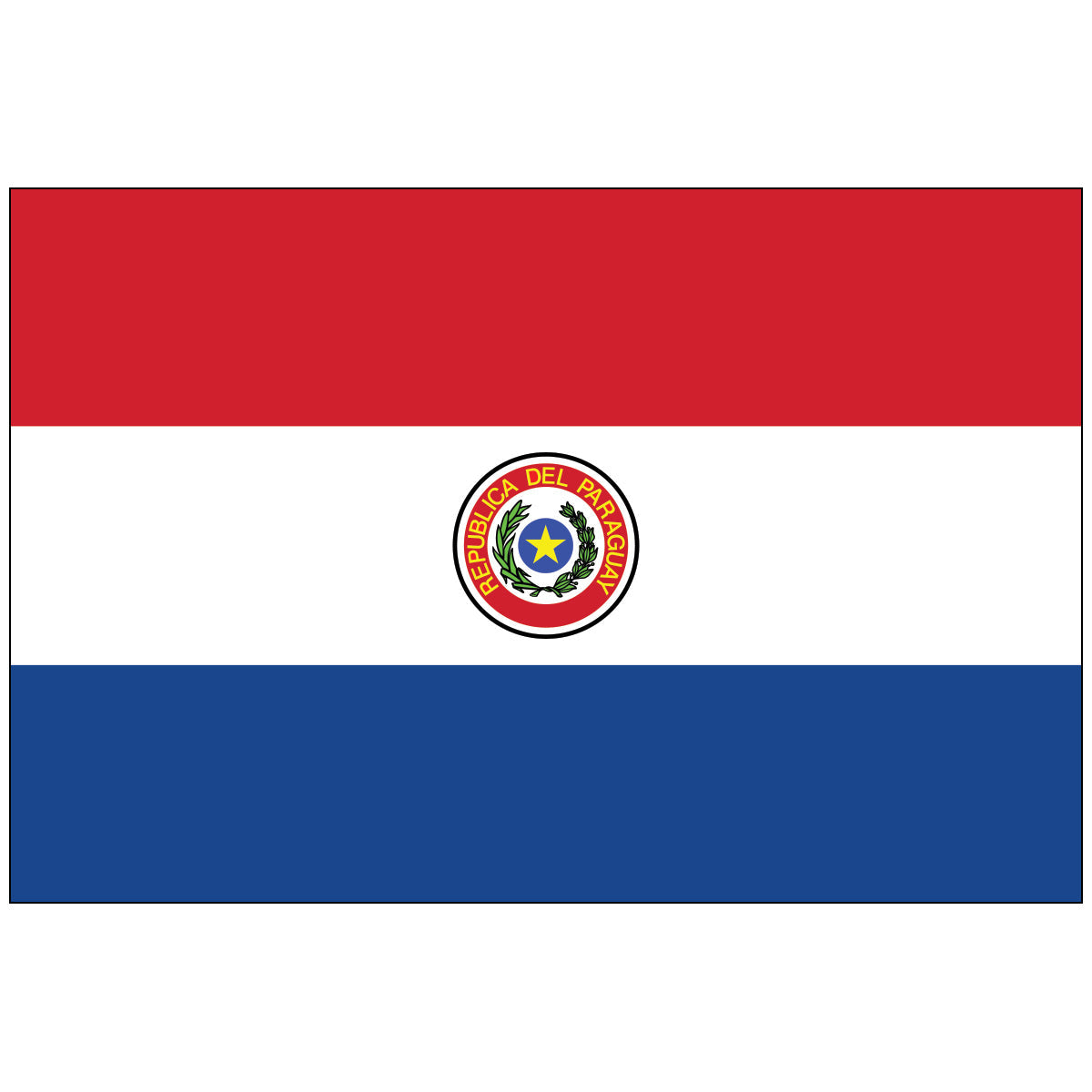 Paraguay nylon world flag featuring horizontal red, white, and blue stripes with centered national coat of arms showing yellow star surrounded by green palm and olive branchesRetry