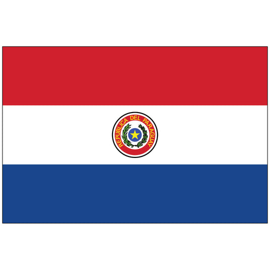 Paraguay nylon world flag featuring horizontal red, white, and blue stripes with centered national coat of arms showing yellow star surrounded by green palm and olive branchesRetry