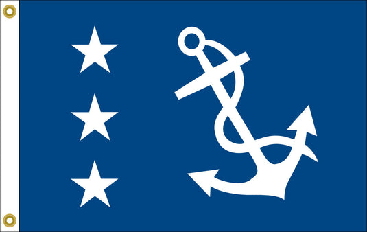 Past Commodore officer flag in navy blue featuring white fouled anchor with rope and three vertical white stars on left side with brass grommets