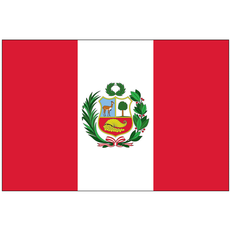 Load image into Gallery viewer, Peru world flag featuring vertical red and white stripes with centered coat of arms showing vicuña, cinchona tree, cornucopia, and green laurel wreath
