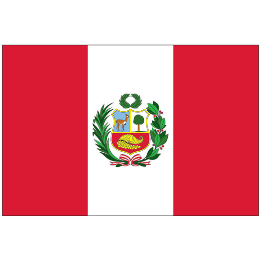 Peru world flag featuring vertical red and white stripes with centered coat of arms showing vicuña, cinchona tree, cornucopia, and green laurel wreath