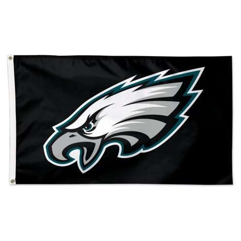 Philadelphia Eagles black background deluxe 3 x 5 NFL sport flag featuring silver, midnight green, and white eagle head logo with sleek wing design and grommets