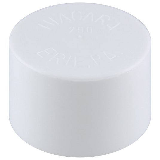 Plastic end caps for deluxe banner pole in white featuring smooth cylindrical design with embossed manufacturer logo on rounded top surface