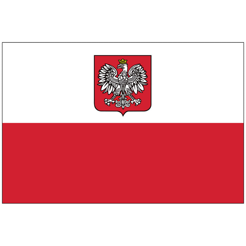 Load image into Gallery viewer, Poland world flag with coat of arms featuring white and red horizontal stripes with centered white eagle wearing golden crown on red shield emblem

