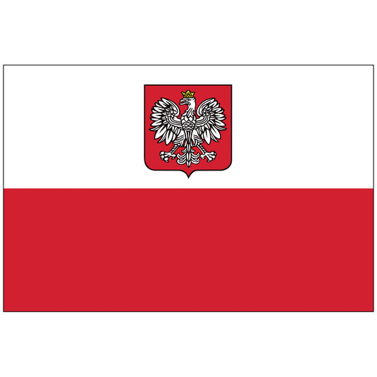 Poland world flag with coat of arms featuring white and red horizontal stripes with centered white eagle wearing golden crown on red shield emblem