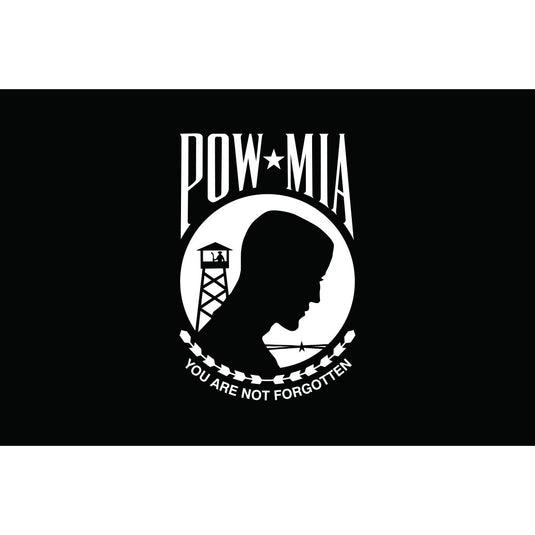 A black rectangular flag with a white emblem that contains the text 'POW-MIA' and a graphic of a saluting soldier with a lighthouse in the background. The flag has a double-sided design.