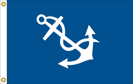 A blue flag featuring a white anchor with dual arrows, symbolizing navigation and maritime themes. The flag has two brass grommets on the left.