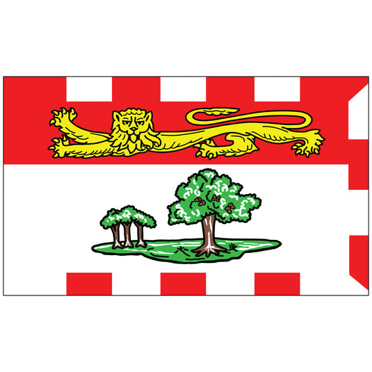 Flag of Prince Edward Island with a red and white border, features a golden lion on red above an island with three small and one large green tree.