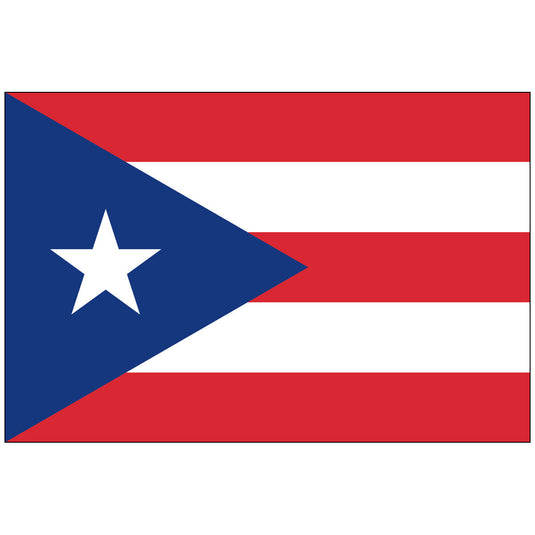 The image shows the flag of Puerto Rico, featuring red and white horizontal stripes, a blue triangle on the left, and a white star centered within the triangle.