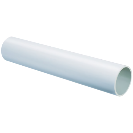 A white PVC pipe with a smooth surface is diagonally positioned against a plain background. The pipe's open end faces right, showing its hollow interior.