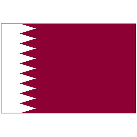 High-quality nylon Qatar World Flag featuring the distinctive design of a broad maroon field on the fly side and a white field on the hoist side. The two colors are separated by nine sharp, white triangular points, representing the country's inclusion as the 9th member of the Trucial Coast-Qatar Treaty.