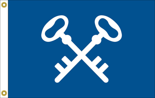Horizontal Quartermaster Officer flag for the U.S. Army, featuring a solid deep blue field. The center displays two thick, stylized white keys crossed diagonally, which is the traditional insignia of the Quartermaster Corps.