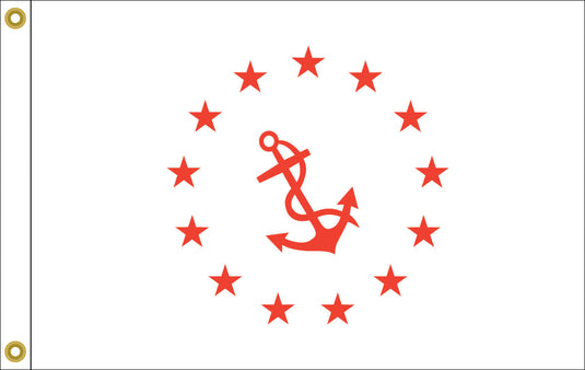 A flag with a white background featuring a red anchor symbol and five gold stars, often denoting a nautical theme or rank.