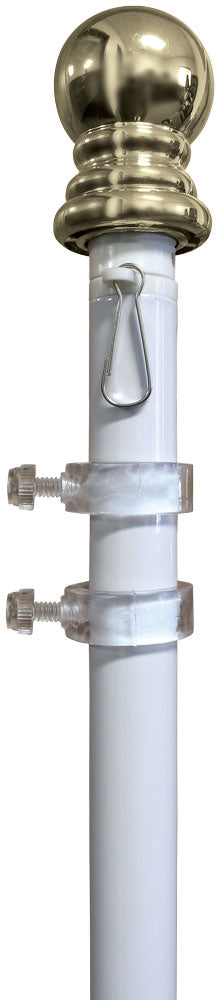 Rotating aluminum display pole with a lawn socket, featuring a brass-colored ball on top and a white pole with mounting brackets.