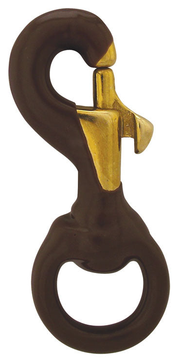 Load image into Gallery viewer, Brass Swivel Flag Snap partially coated in protective brown rubber for quiet flagpole operation.
