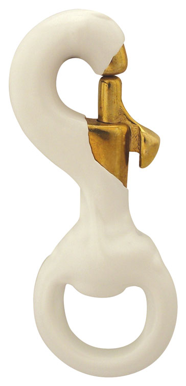 Load image into Gallery viewer, Brass Swivel Flag Snap partially coated in protective white rubber for quiet flagpole operation.
