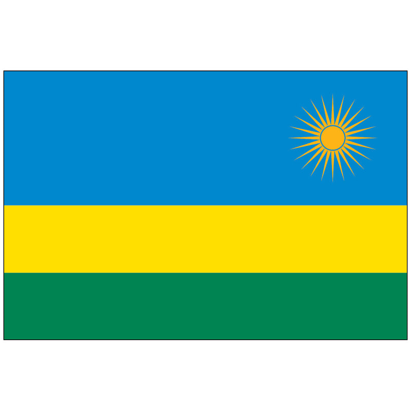 Load image into Gallery viewer, The flag of Rwanda, featuring horizontal stripes in sky blue, yellow, and green with a sun in the upper-right corner.
