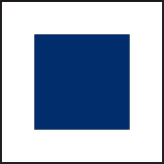 Flag featuring a large navy blue square is centered on a white background, framed by a black border. Represents the letter S (Sierra).