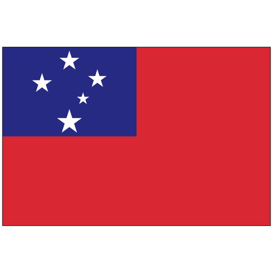The flag of Samoa, featuring a red field with a blue rectangle in the upper hoist-side corner bearing the Southern Cross constellation in white.