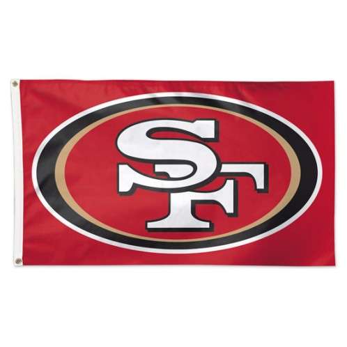 A red flag featuring a bold white 