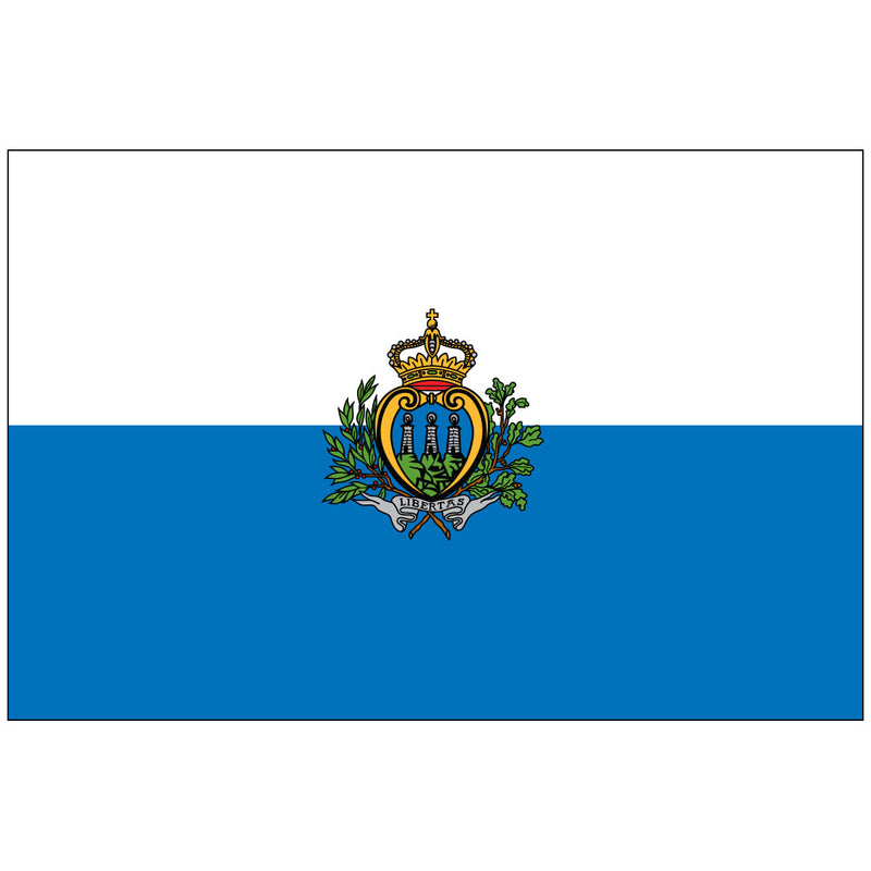 Load image into Gallery viewer, The flag of San Marino, featuring two horizontal bands of white and light blue, with the national coat of arms in the center.
