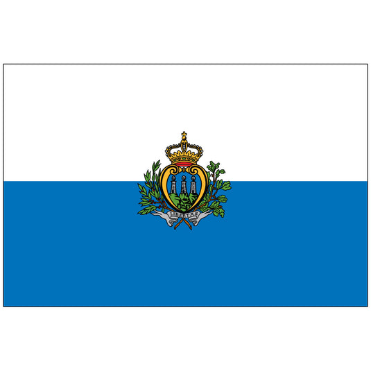 The flag of San Marino, featuring two horizontal bands of white and light blue, with the national coat of arms in the center.