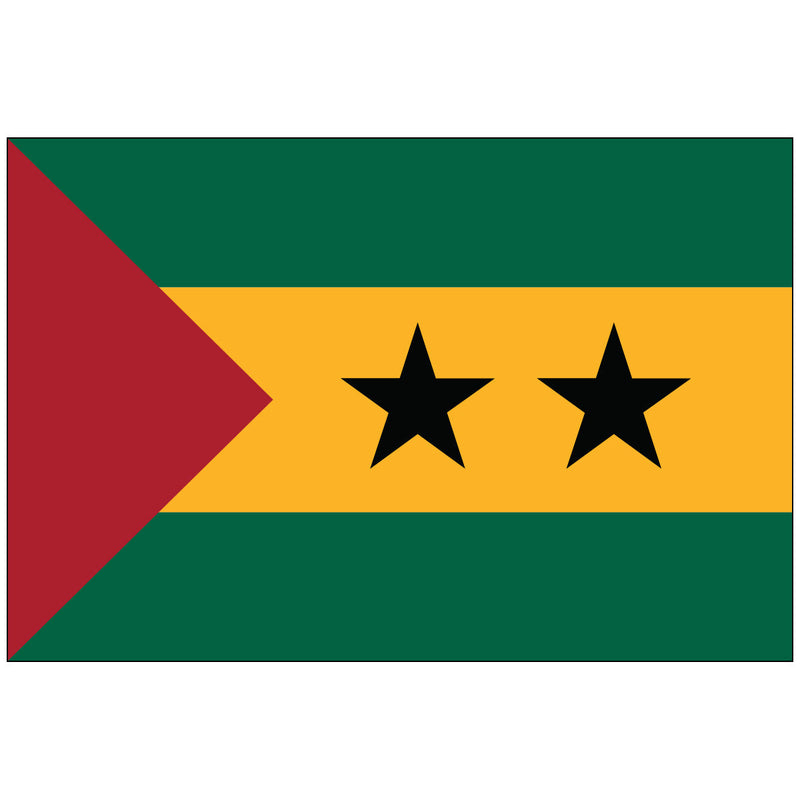 Load image into Gallery viewer, The flag of Sao Tome and Principe, featuring horizontal bands of green, yellow, and red with two black stars on the yellow band and a red triangle at the hoist.

