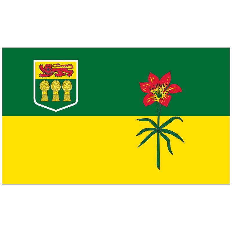 Load image into Gallery viewer, Flag of Saskatchewan with a green top and yellow bottom. Features a red lily on the right and a coat of arms with a lion and wheat sheaves on the left.
