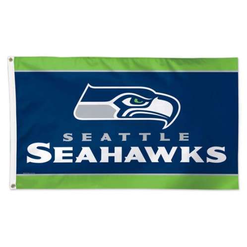 A rectangular flag featuring the Seattle Seahawks logo with blue, green, and gray colors.