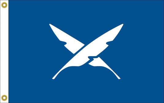 A blue rectangular flag with a white emblem of crossed feathers, representing the Secretary Officer flag.