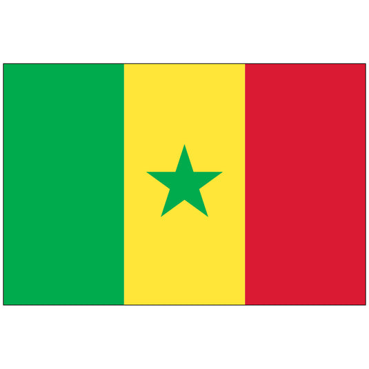 The Senegal flag has three vertical stripes in green, yellow, and red. A green star is centered on the yellow stripe, symbolizing unity and hope.