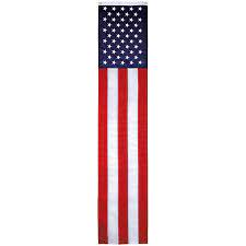 A vertical flag with a white stars section and red and blue sewn stripes, resembling the American flag.