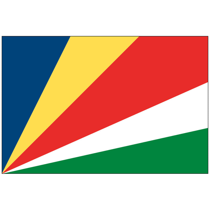 Load image into Gallery viewer, The flag of Seychelles, featuring horizontal bands of blue, yellow, red, white, and green colors.
