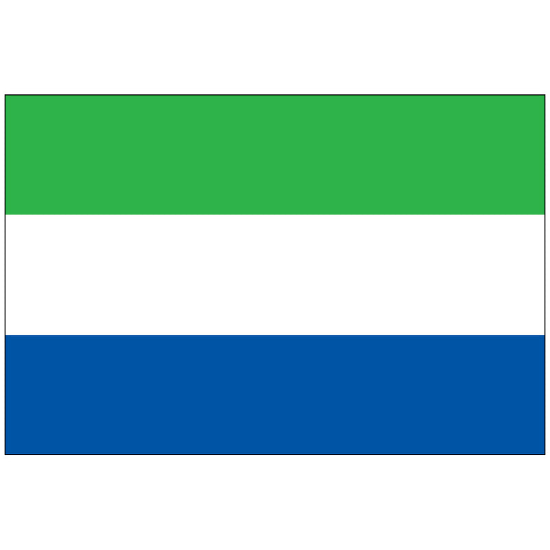 Load image into Gallery viewer, Flag of Sierra Leone featuring three horizontal stripes: green on top symbolizing agriculture, white in the middle for unity, and blue at the bottom representing the sea.
