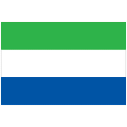 Flag of Sierra Leone featuring three horizontal stripes: green on top symbolizing agriculture, white in the middle for unity, and blue at the bottom representing the sea.
