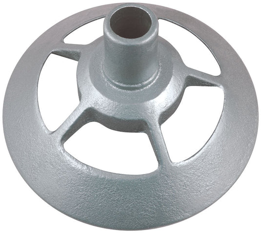 A silver metal floor stand designed for indoor flagpole installation.