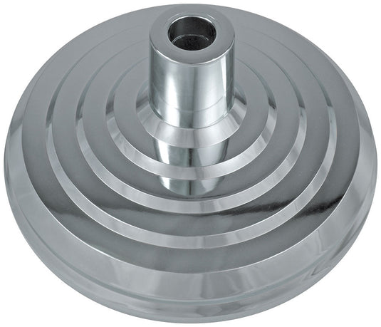 Close-up of the Silver Regent Floor Stand, a heavy-duty parade or indoor display base. The base features a bright, mirror-like chrome finish with concentric tiered rings and a central spindle opening designed to securely hold an indoor flagpole or flag staff.