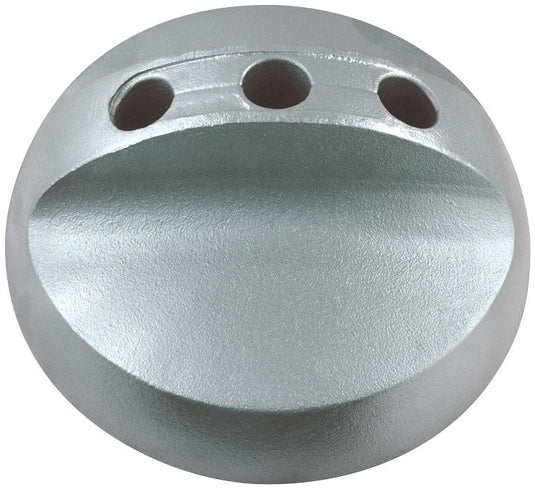 Silver metallic hemisphere with three evenly spaced holes on the flat surface. 