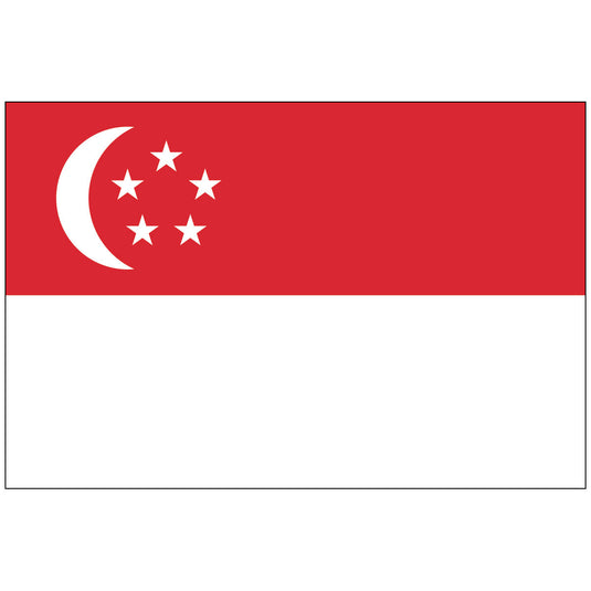 The flag of Singapore, featuring a red crescent moon and five stars on a white background.