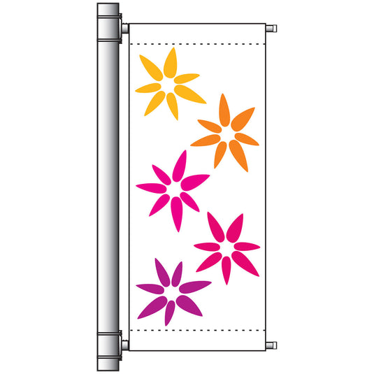 Illustration of the Single Arm Banner Mounting Set with top and bottom crossbars, displaying a vertical white banner on a silver pole.